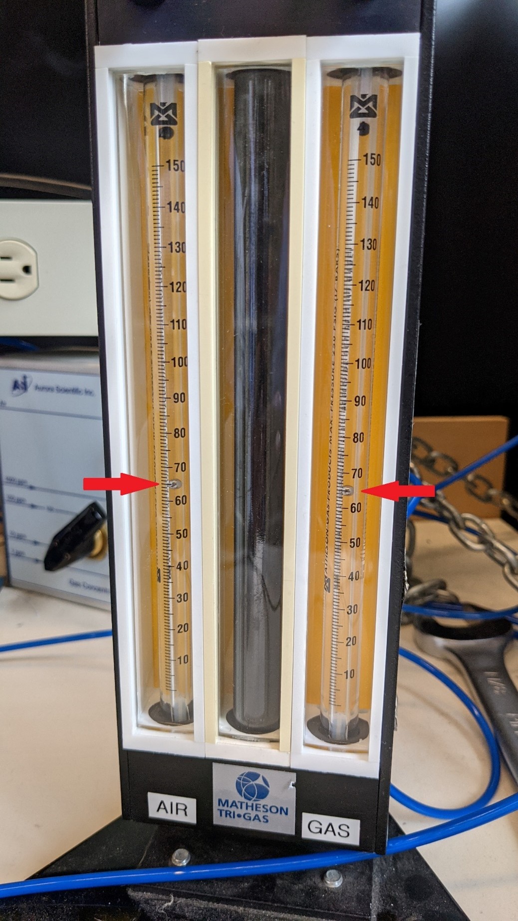 Figure 6. Matheson flowmeters showing equal flow rate of clean air and tracer gas during calibration.