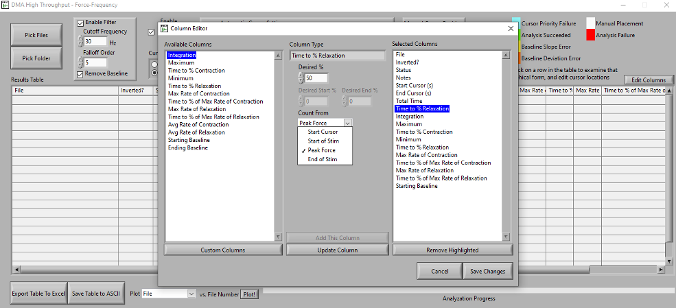 Figure 4: Edit Columns window showing ½ RT parameters