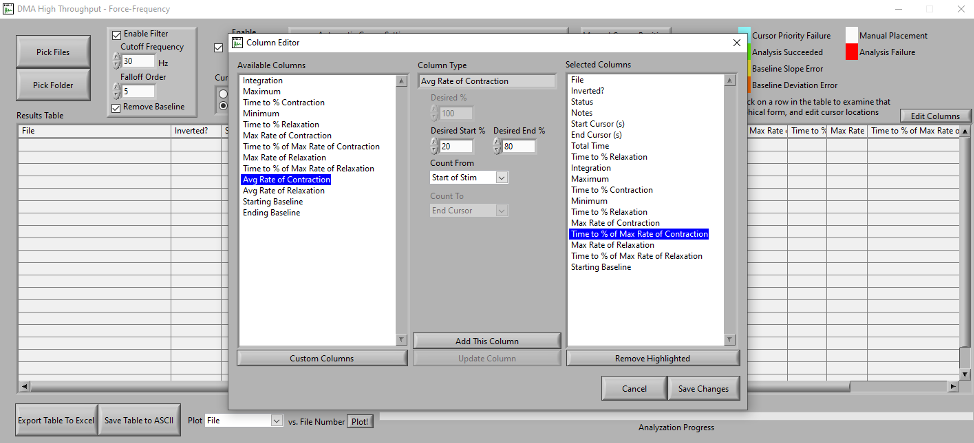 Figure 5: Edit columns window – showing average rate of contraction function